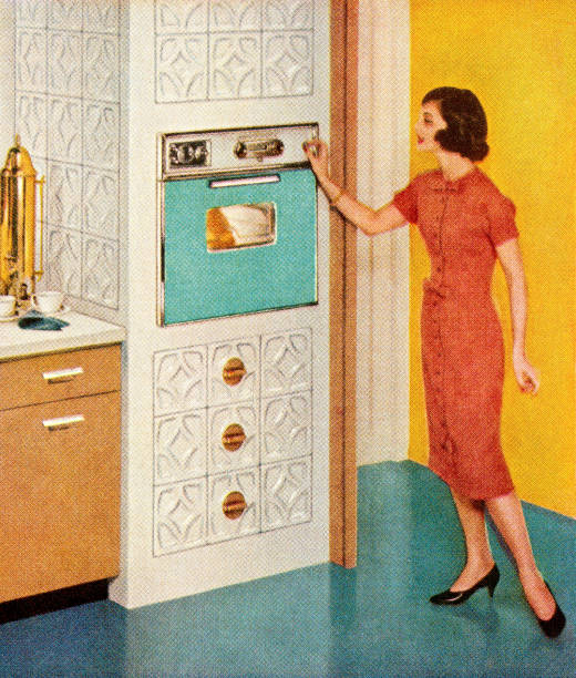 dibujo con mujer en cocina vintage