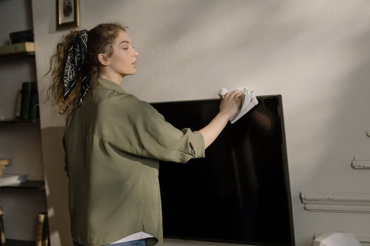 Mujer limpia pantalla del televisor