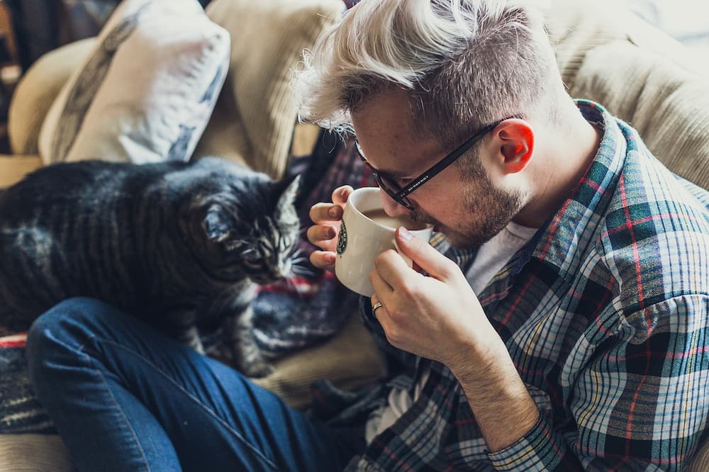 Hombre junto a gato tomando café