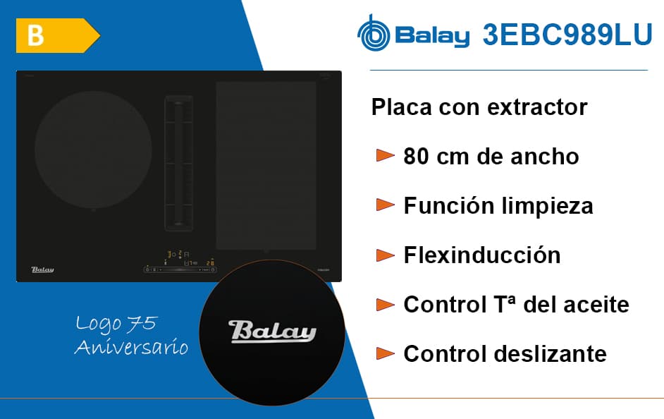 Balay 3EBC989LU Placa de inducción con extractor integrado, 80 cm, B, Acero  inoxidable : : Grandes electrodomésticos