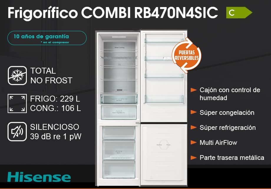 Hisense RB470N4SWC2 - Frigorífico Premium Combi, No Frost, 2M Alto, Clase  C, Botellero, Tecnología AdaptCool, Puerta Reversible, Silencioso 35dB, :  : Grandes electrodomésticos