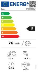 Beko DFS28021W - Lavavajillas 45 Cm 10 Cubiertos Clase E/A++ ProSmart