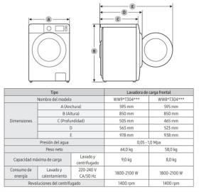 Samsung WW90T304MWW/EC - Lavadora 9Kg 1400rpm Clase D Color Blanco