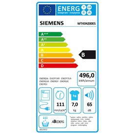 Secadora de condensación Siemens WT45N200ES Clase B 7 Kg Blanca