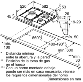 Encimera de Gas Acero Inox Bosch PCC6A5B90, 3 Zonas de Cocción, 60 cm