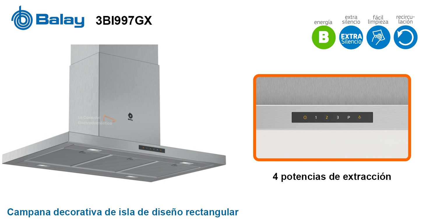 Campana  Balay 3BI997GX, Decorativa, De Isla, 754 m³/h, 250 W, 57 dB,  Clase B, Inox
