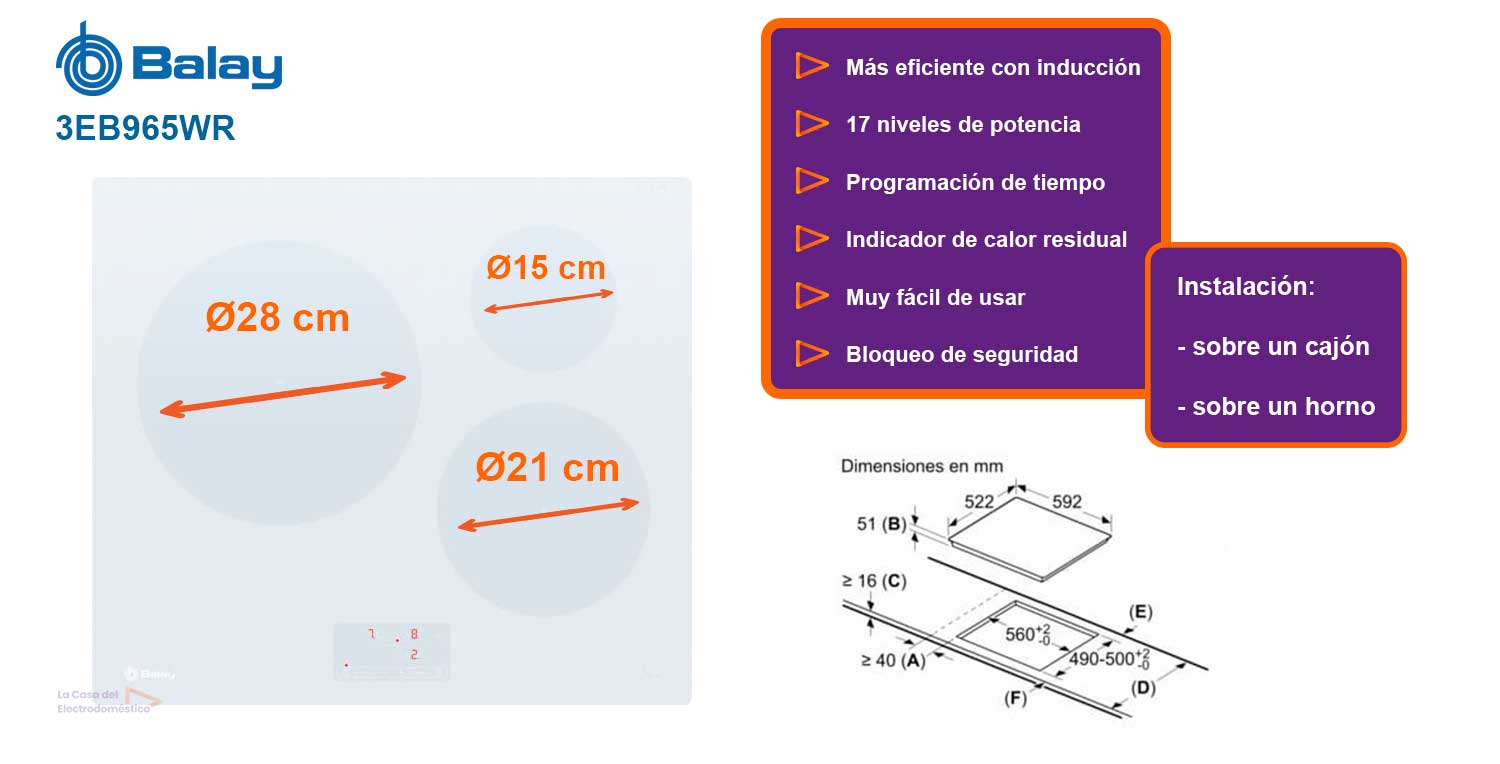 Balay 3eb965wr placa inducción 60cm 3 zonas booster + zona 28 cm