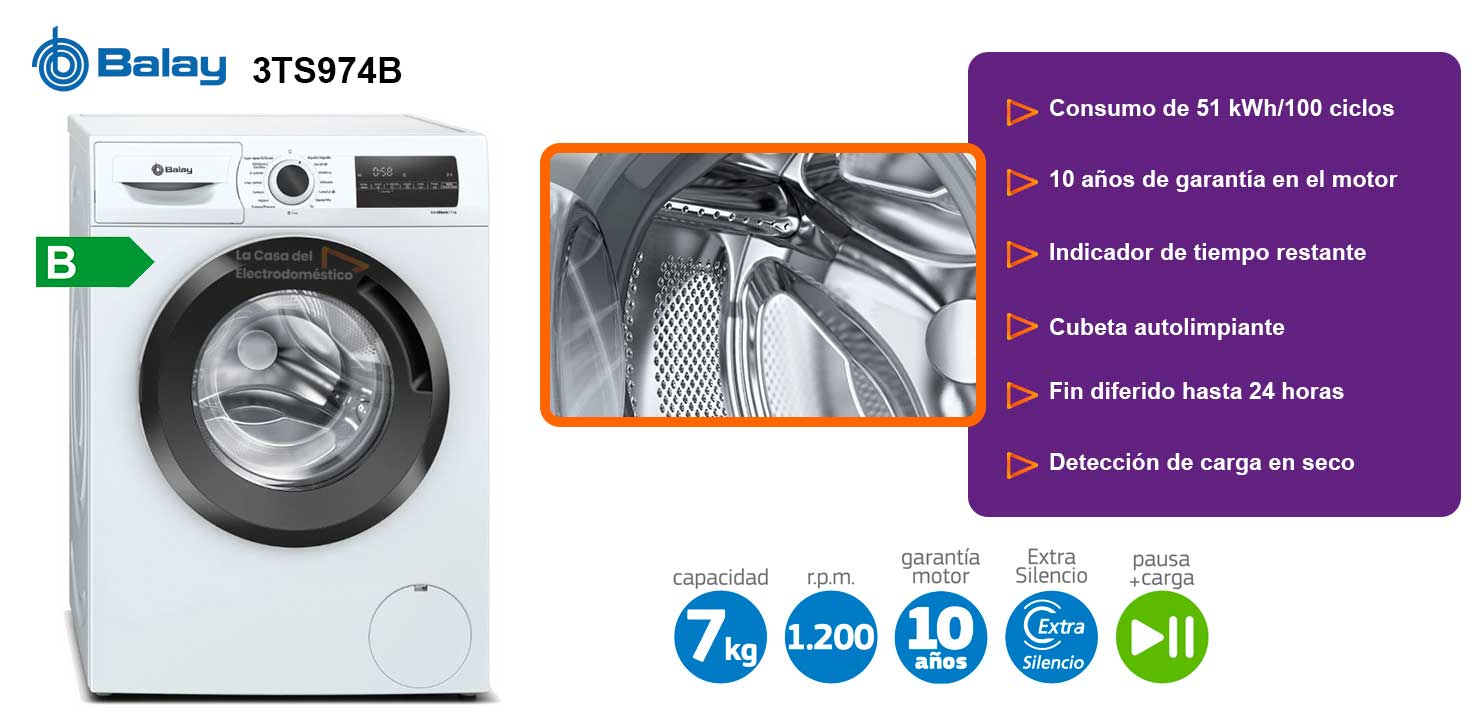 Balay 3ts974b lavadora extrasilencio 7kg 1200rpm clase b color blanco