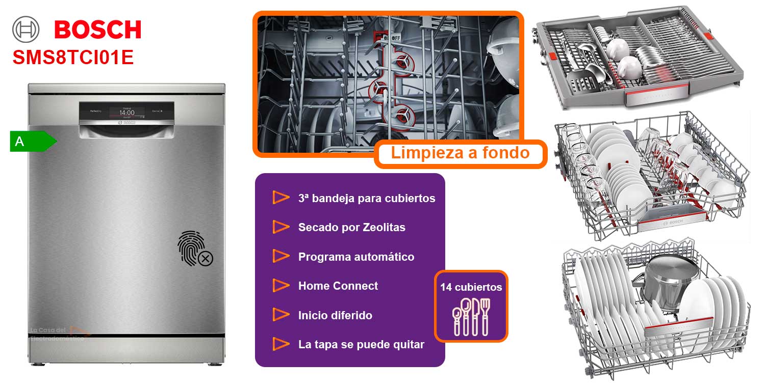 Bosch sms8tci01e lavavajillas 14 cubiertos secado zeolitas clase a inox