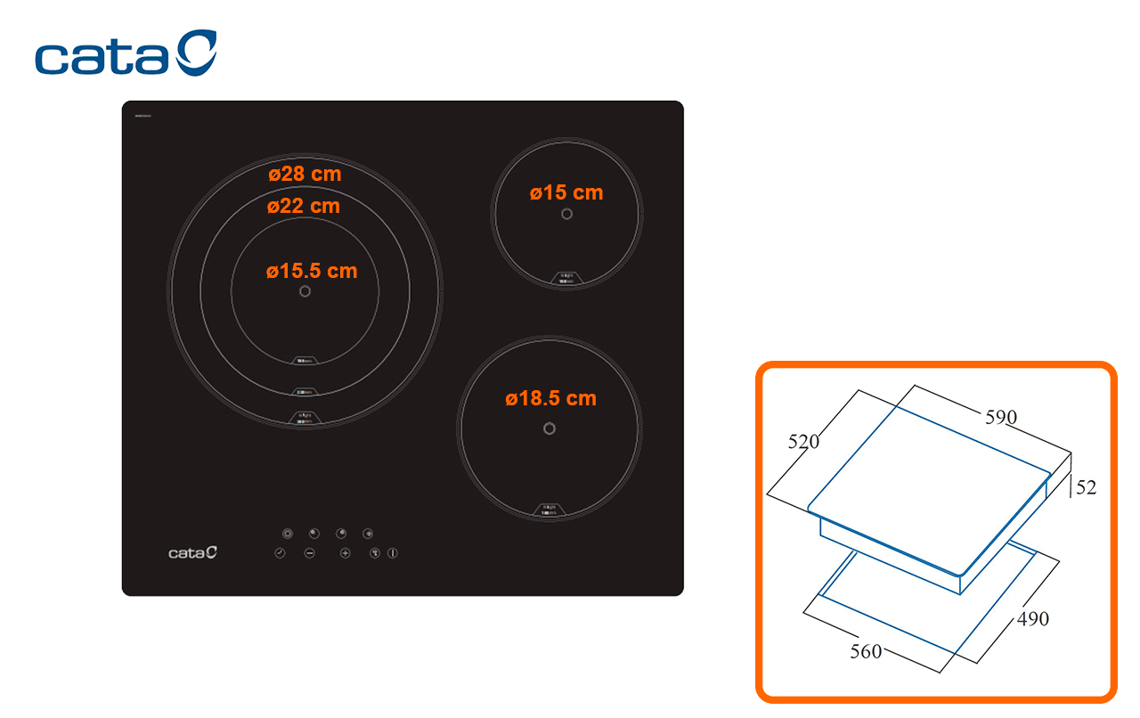 Cata tt 6003 e tech placa vitrocerámica 3 zonas 59cm