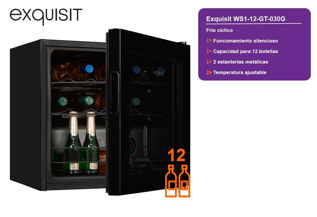 Exquisit WS1-12-GT-030G - Vinoteca 12 Botellas 49.2x48x44cm Color Negro ·  Comprar ELECTRODOMÉSTICOS BARATOS en