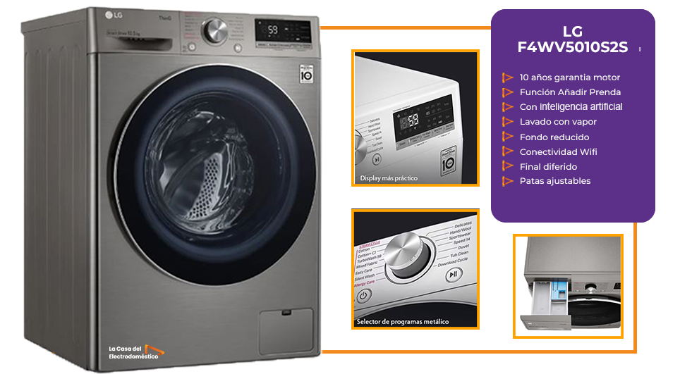 Lg f4wv5010s2s lavadora inteligente ai direct drive 10.5kg vapor inox antihuellas