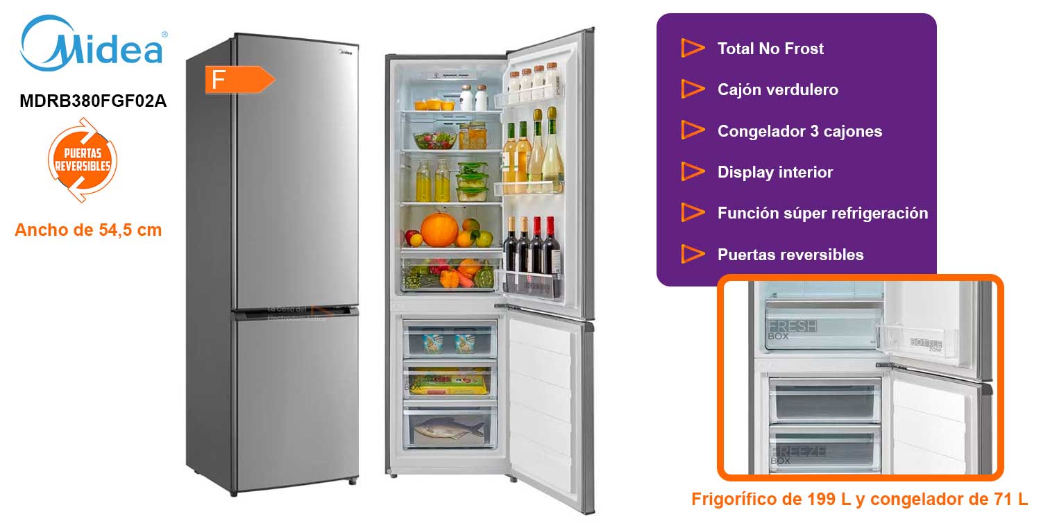 Midea mdrb380fgf02a frigorífico combi nofrost 180x54.5cm clase f inox