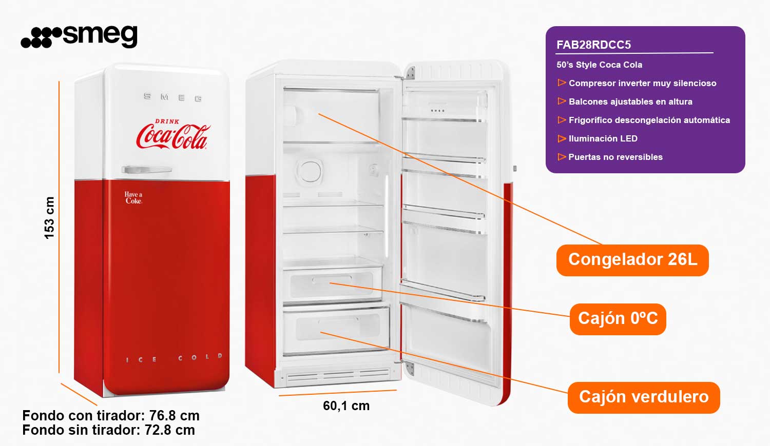 Smeg fab28rdcc5 frigorífico 153x60.1x72.8cm 50’s style coca cola clase d