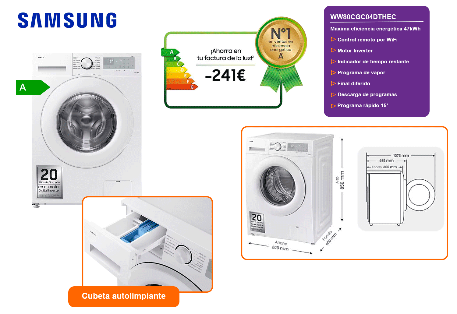 Samsung ww80cgc04dthec lavadora 8kg 1400rpm ecobubble™ wifi clase a